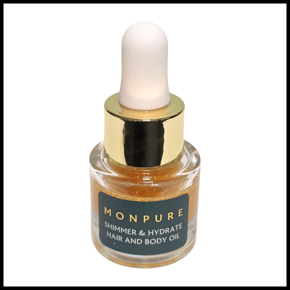 Monpure Shimmer & Hydrate Hair and Body Oil Gold Luminous Glow Dropper Bottle